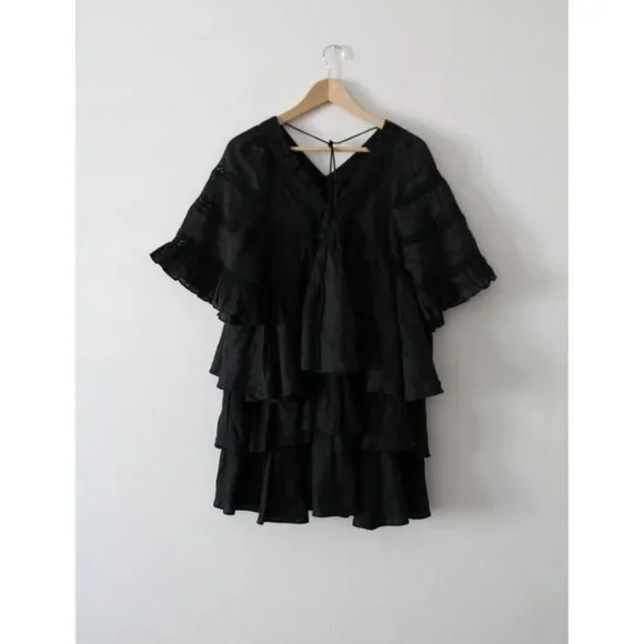 Joslin Net Sustain Ellie Crochet-Trimmed Ruffled Linen Dress Black / Size 10 - Picture 4 of 8